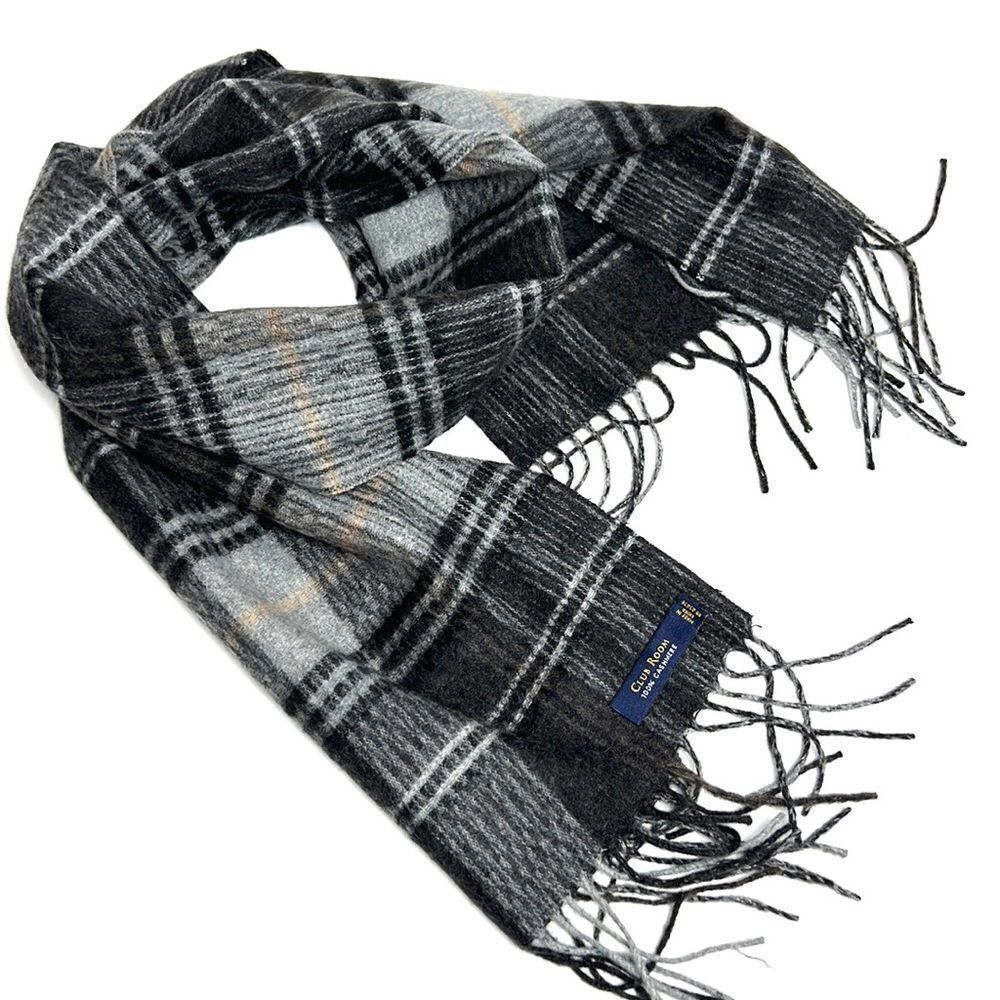 NWOT Club Room 100% Cashmere Plaid Gray Scarf 11,5x66